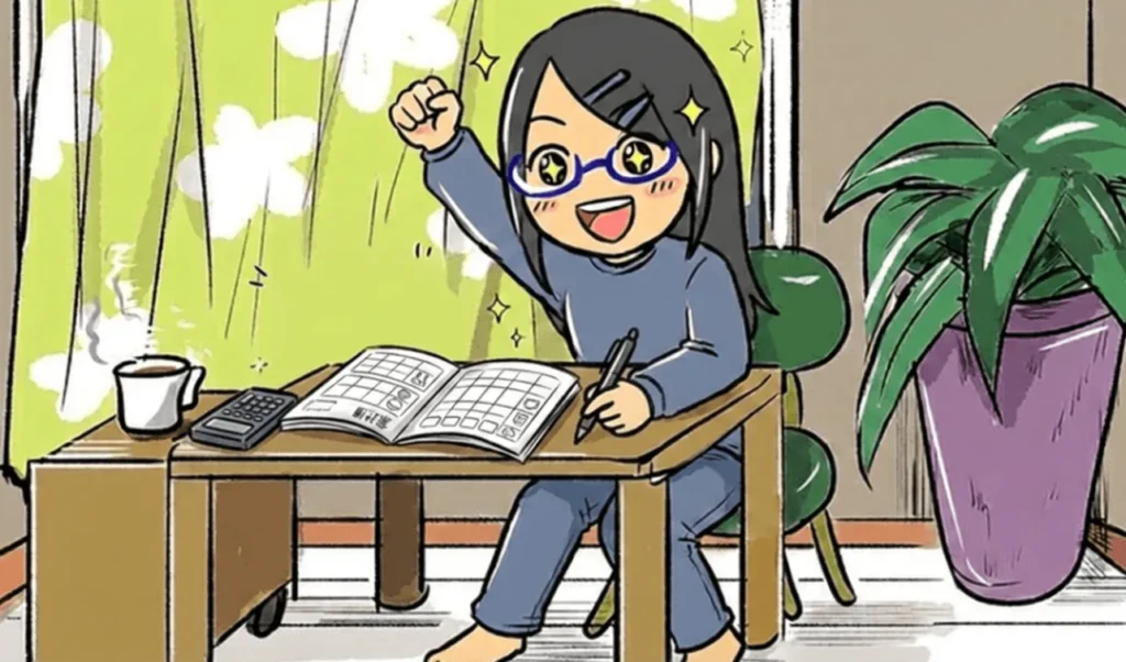 家計簿を見て喜ぶまめもん
